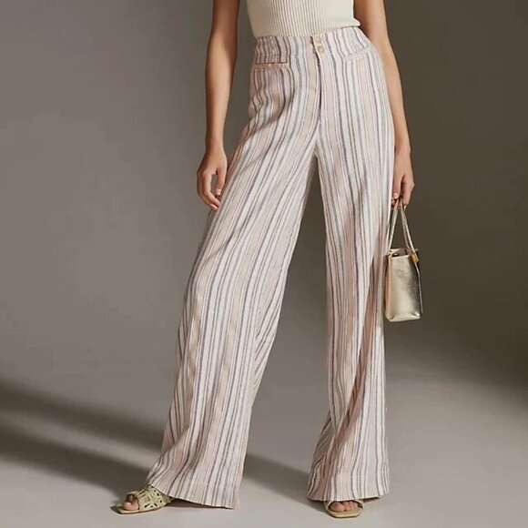 Maeve Sz 4 Dusty Pink Metallic Striped Wide Leg Linen Pants - Picture 1 of 11